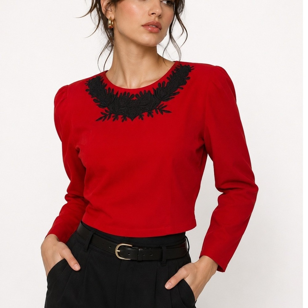 Vintage 80s/90s Red Statement Embroidered Cropped Power Shoulder Long Sleeve Sm